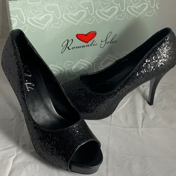 NEW 11M Romantic Soles Black Glitter platform heel - Picture 1 of 8